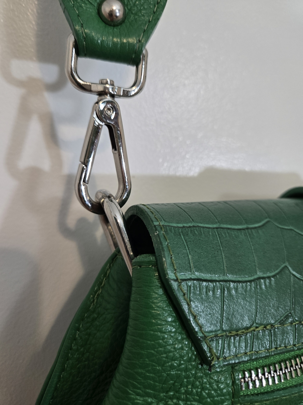 Italian Leather Crossbody Bag, Green Pebble & Croc Embossed, Artisan Made - Picture 4 of 12